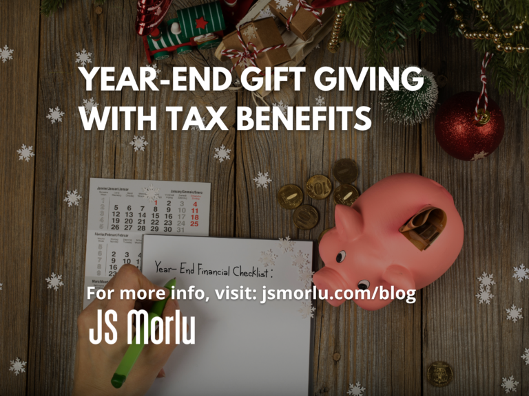 A festive year-end financial checklist with a piggy bank on the right and a Christmas tree in the foreground - Tax Benefits
