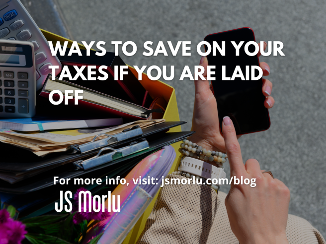 A woman using a mobile phone, tapping the screen. On the left, displays organized files, folders, and a calculator in a storage box - Save your taxes if you are laid off.