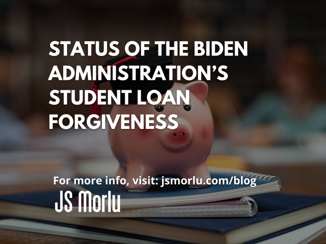 Image of a piggy bank with a mortar board atop a stack of books in a library, with a student studying in the background - Student Loan Forgiveness.