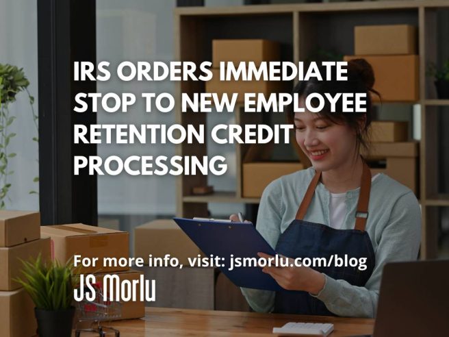 A cheerful businesswoman reviews a clipboard checklist against a backdrop of shelves stocked with packages - IRS