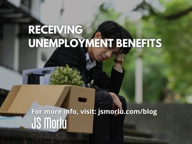 Sad businessman sitting on building stairs with box of personal belongings - Unemployment Benefits.